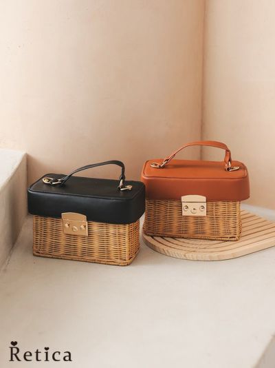 [SALE] レザー×ラタン2wayボックス型かごバッグ(ブラック/ブラウン)