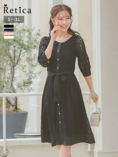 [SALE] フラワーレースパイピングデザイン五分袖パーティードレス (Sサイズ～3Lサイズ)