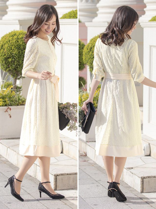 SALE] フラワーレースパイピングデザイン五分袖パーティードレス (S