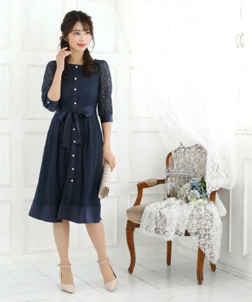 SALE] フラワーレースパイピングデザイン五分袖パーティードレス (S