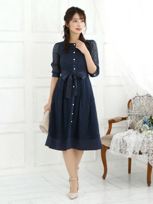 SALE] フラワーレースパイピングデザイン五分袖パーティードレス (S