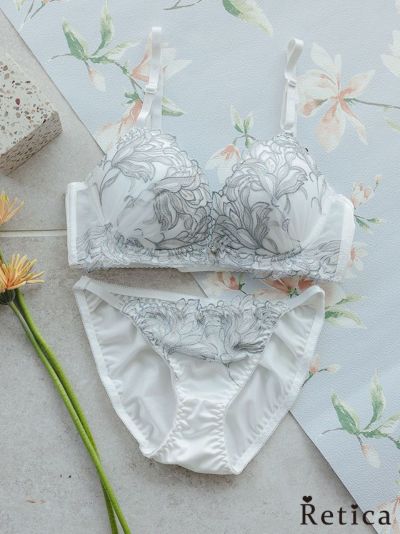 エレガント花刺繍レースブラジャー＆ショーツセット(ホワイト)(A～D/70～85)