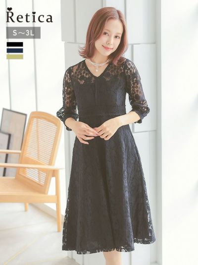 [SALE] 総レース袖あり膝丈フレアワンピースパーティードレス (Sサイズ～3Lサイズ)