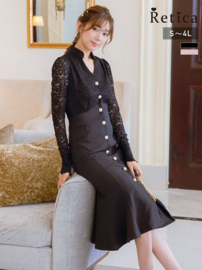 パールボタンレーススリーブマーメイドドレス (Sサイズ～4Lサイズ)