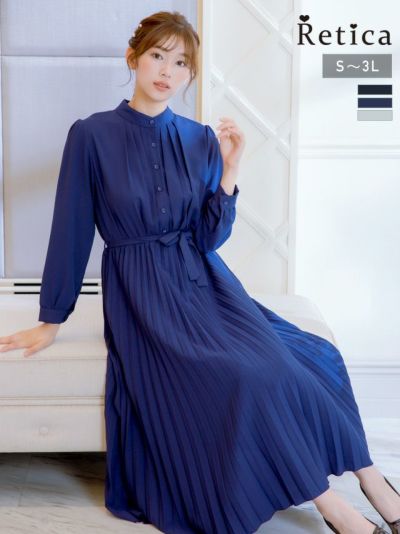 [SALE] プリーツスカート長袖クラシックワンピースドレス (Sサイズ～3Lサイズ)