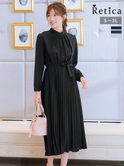 クラシックプリーツスカート長袖ワンピースパーティードレス (Sサイズ～3Lサイズ)