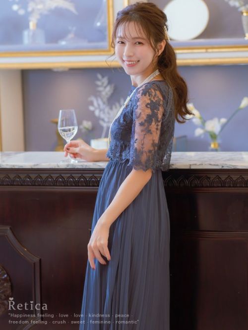 【MELROSE】　フラワー刺繍 レース プリーツスカート パーティードレス フラワー刺繍レース 切り替えプリーツロング パーティードレス