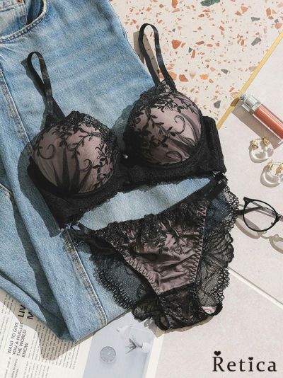 ヌーディーカラー透け見えデザインブラジャー＆ショーツセット(モカ)(B～D/65～85)