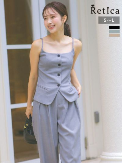 フロントボタンキャミソールビスチェ×ワイドパンツセットアップ(Sサイズ~Lサイズ)(ベージュ/ブラック/グレー)
