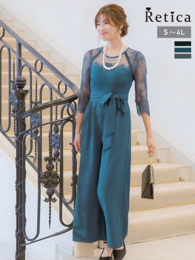 シアーレース切替ウエストリボンワイドパンツドレス(S~4L)(ブルーグリーン/ブラック/チャコールグレー)