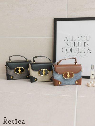 バイカラーフェイクレザースクエア型2wayミニハンドバッグ