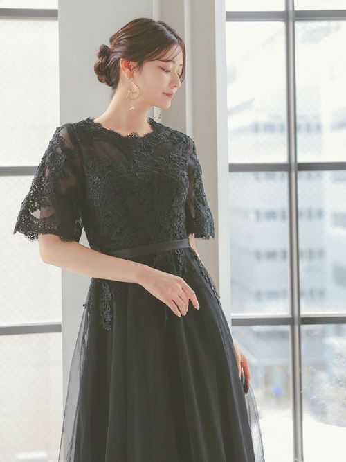 シースルー×刺繍レースシフォンスカートロング丈ワンピース