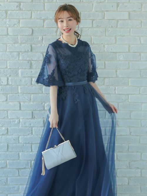 シースルー×刺繍レースシフォンスカートロング丈ワンピース