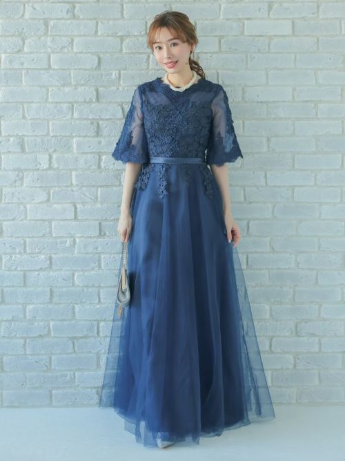 シースルー×刺繍レースシフォンスカートロング丈ワンピース