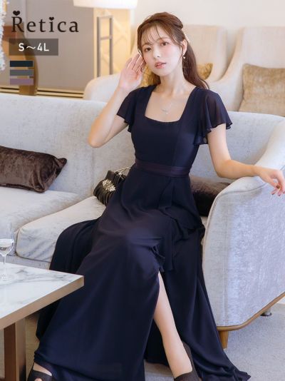 スクエアネックスリットロング丈パーティードレス(Sサイズ～4Lサイズ)