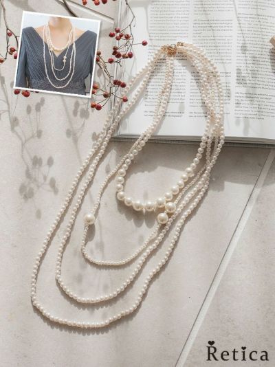 大小パールミックスデザイン4連ロングパールネックレス(ホワイト)