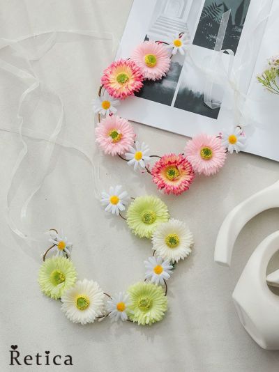 [SALE] レースリボン花冠フラワーヘッドアクセサリー (ピンク/グリーン)