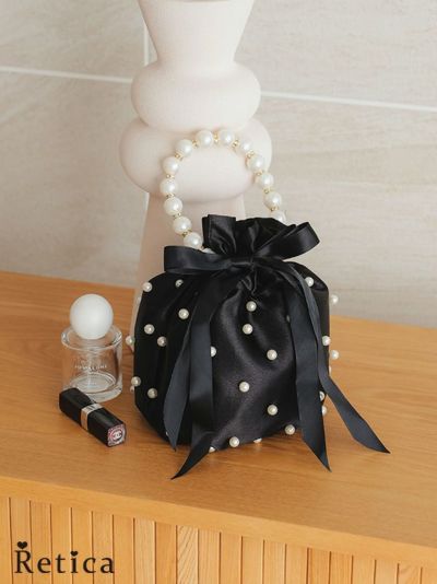 パール装飾2Way巾着ミニバッグ(ブラック)