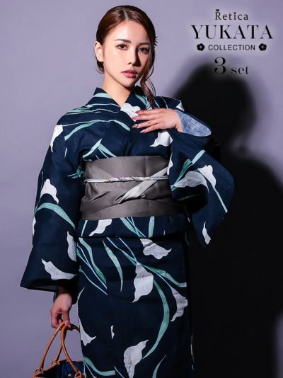 [SALE] 濃紺生地菖蒲柄大人上品レディース浴衣3点セット(浴衣+平帯or作り帯+下駄)