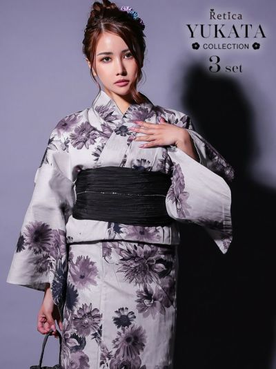 [SALE] グレー生地ヴィンテージフラワー柄レディース浴衣3点セット(浴衣＋兵児帯＋下駄)