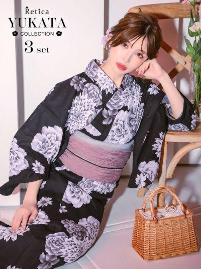 [SALE] 黒地グレー×ホワイト大輪花レディース浴衣3点セット(浴衣+下駄+兵児帯)