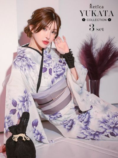 [SALE] 白地水彩風牡丹柄浴衣3点セット (浴衣+平帯or作り帯+下駄)