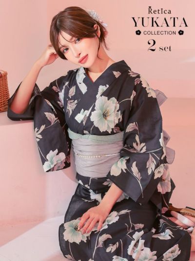 [SALE] 濃グレー生地グラデーション花柄レディース浴衣2点セット(浴衣+兵児帯)