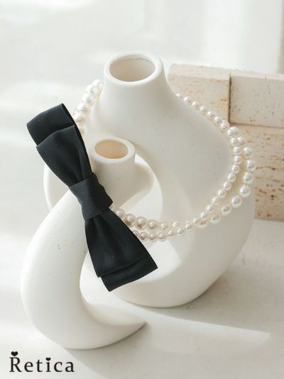 リボン×パール2連チョーカーネックレス(ブラック×ホワイト)