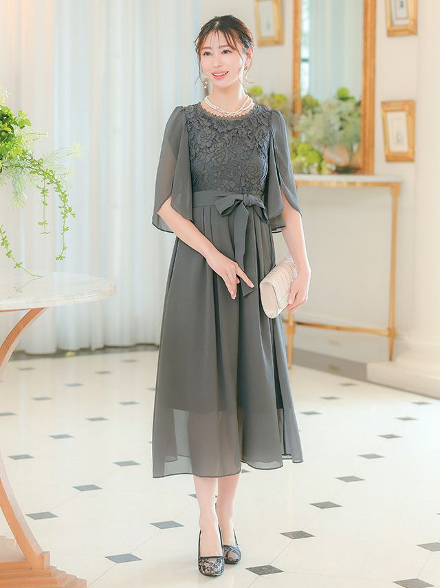 SALE] フラワーレース×シフォンフレアパーティードレス(Sサイズ～XXL