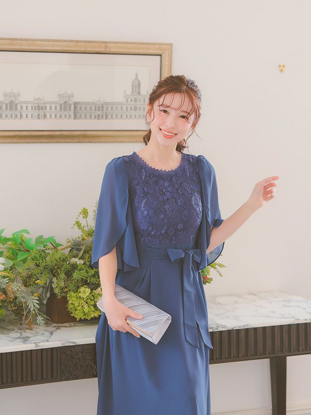 SALE] フラワーレース×シフォンフレアパーティードレス(Sサイズ～XXL