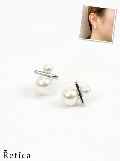 大小ツインパール×バーラインピアス(ホワイト×シルバー)
