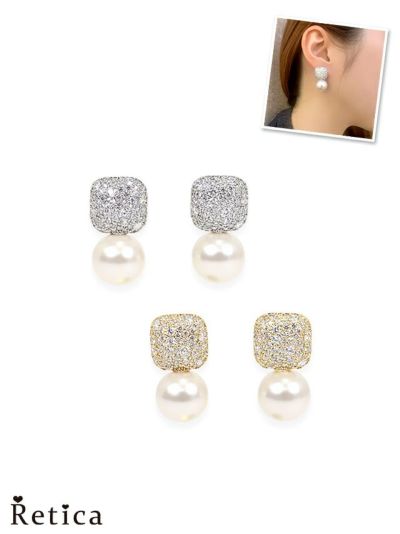 大粒パール×ビジュースクエアモチーフピアス(ホワイト×シルバー/ホワイト×ゴールド)