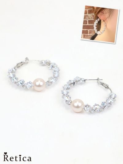 クリスタルパールフープピアス(ホワイト×シルバー)