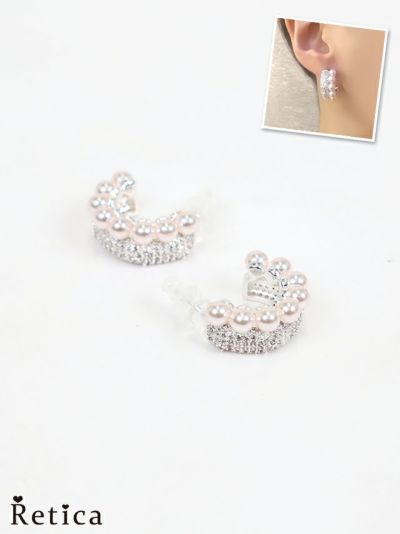 パール×ビジューハーフフープピアス(ホワイト×シルバー)