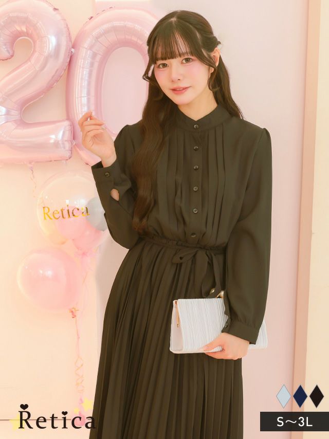 長袖スタンドネックプリーツロングワンピースドレス (Sサイズ～3L