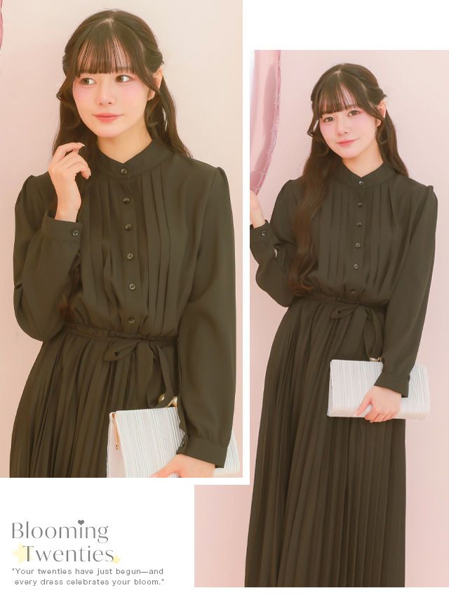 長袖スタンドネックプリーツロングワンピースドレス (Sサイズ～3L