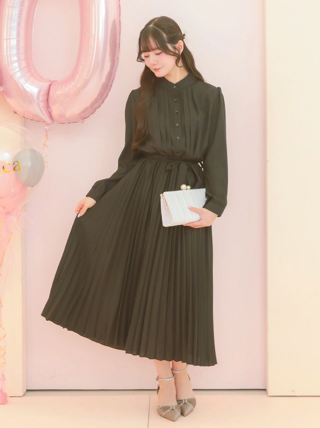 長袖スタンドネックプリーツロングワンピースドレス (Sサイズ～3L