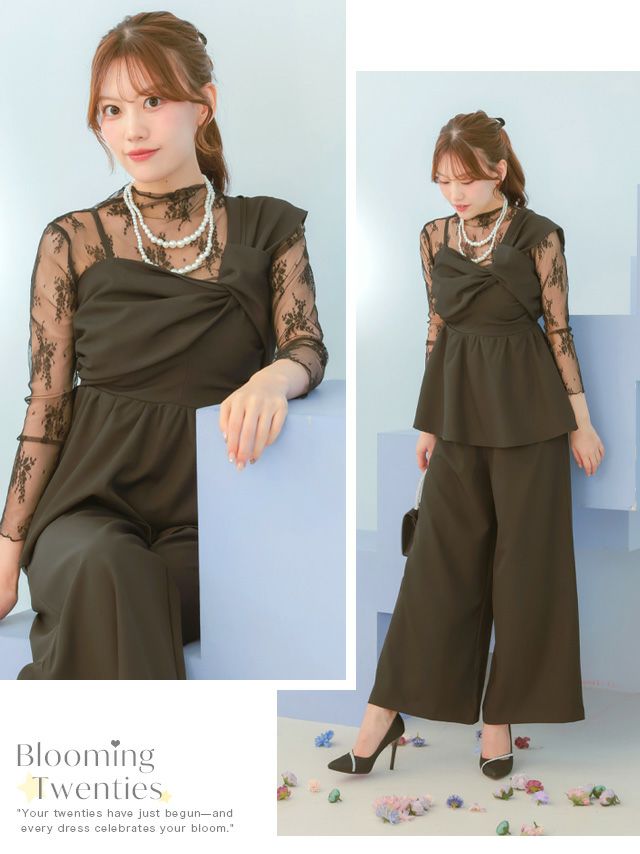 ワンショルダーねじれデザイン長袖レースセットアップパンツドレス (S