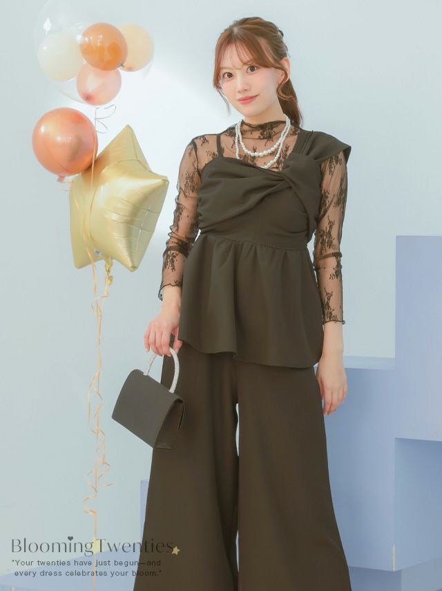 ワンショルダーねじれデザイン長袖レースセットアップパンツドレス (S