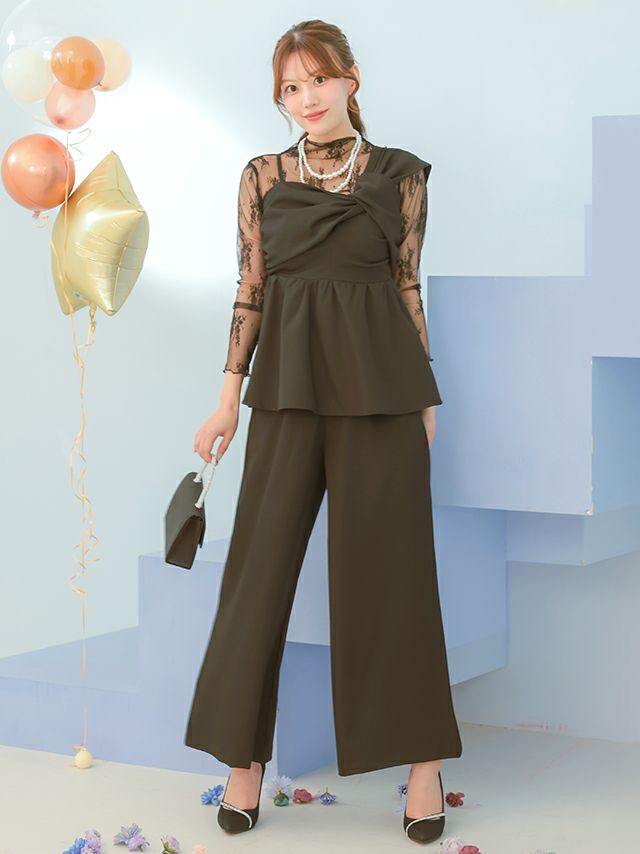 れれれ　３点セット ワンショルダーねじれデザイン長袖レースセットアップパンツドレス (S