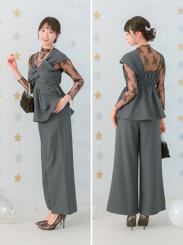 ワンショルダーねじれデザイン長袖レースセットアップパンツドレス (S