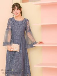 ボリュームフレアスリーブ総レースロング丈ワンピースパーティードレス