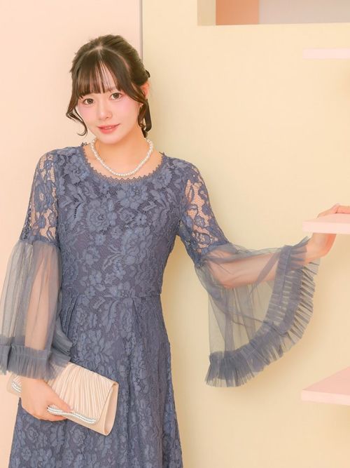 ボリュームフレアスリーブ総レースロング丈ワンピースパーティードレス
