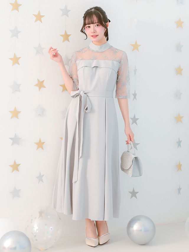 フラワー刺繍シアー五分袖ビスチェ風ミモレ丈パーティードレス(XS