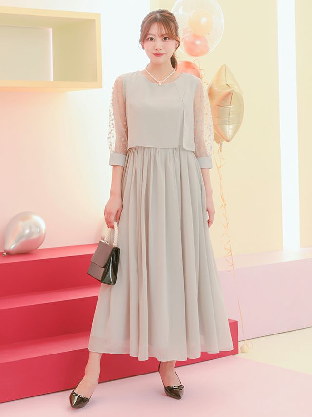 シースルードット七分袖シフォンロング丈パーティードレス(XSサイズ