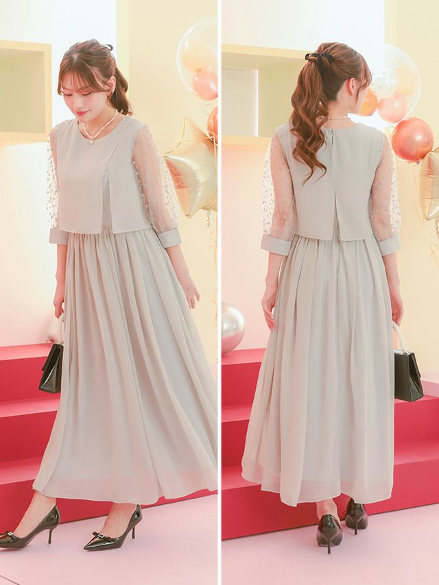 シースルードット七分袖シフォンロング丈パーティードレス(XSサイズ