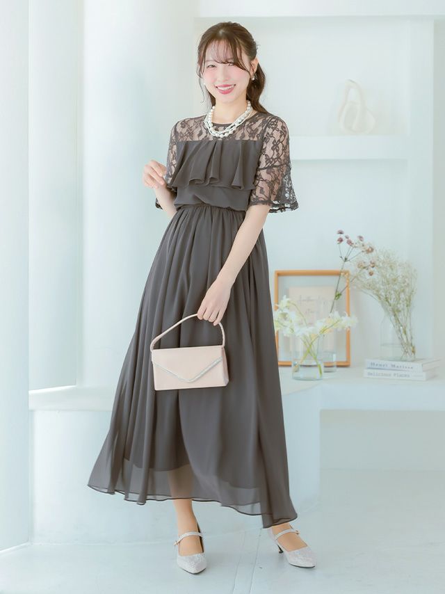 ラメレース袖ありフリルデザインロング丈パーティードレス (Sサイズ