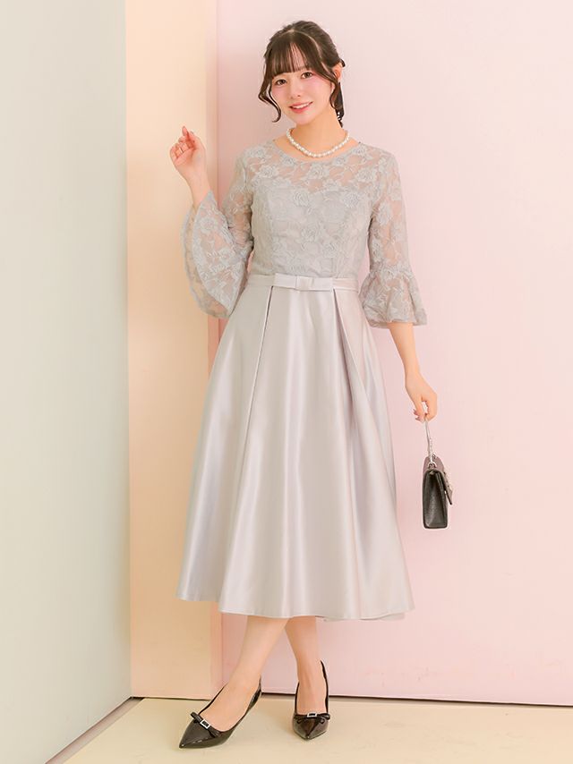 イブニングドレス、花柄、レース、パーティードレス、サテンスカート SALE] フラワーレース切替ビスチェ風サテンスカートパーティードレス