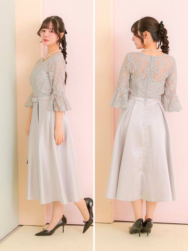 SALE] フラワーレース切替ビスチェ風サテンスカートパーティードレス